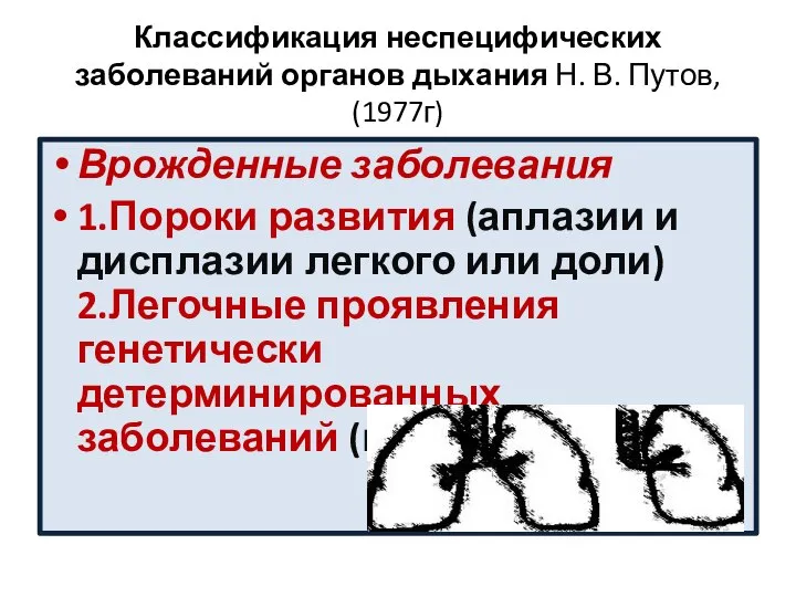 Классификация неспецифических заболеваний органов дыхания Н. В. Путов, (1977г) Врожденные заболевания