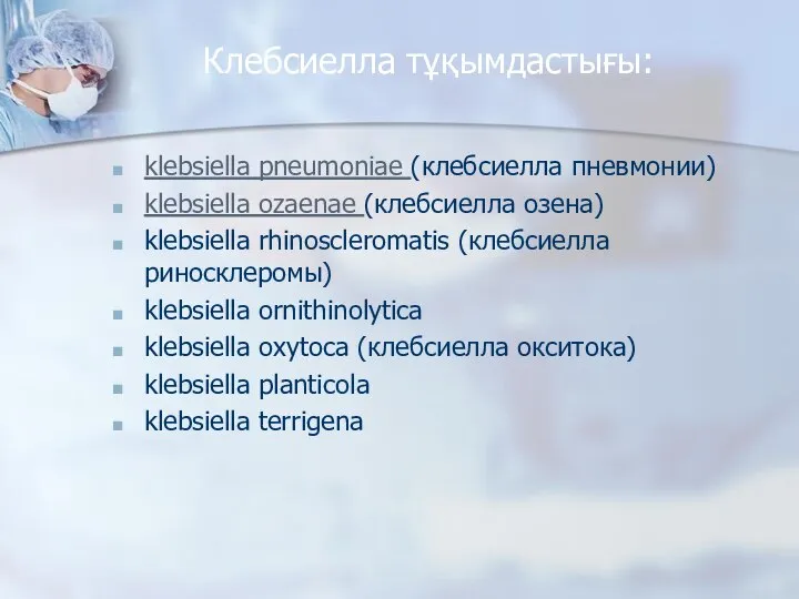 Клебсиелла тұқымдастығы: klebsiella pneumoniae (клебсиелла пневмонии) klebsiella ozaenae (клебсиелла озена) klebsiella