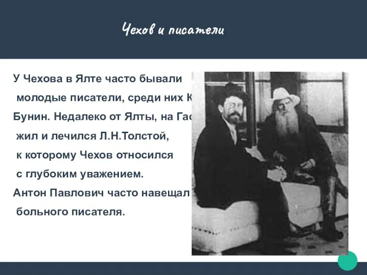 Чехов и писатели У Чехова в Ялте часто бывали молодые писатели,