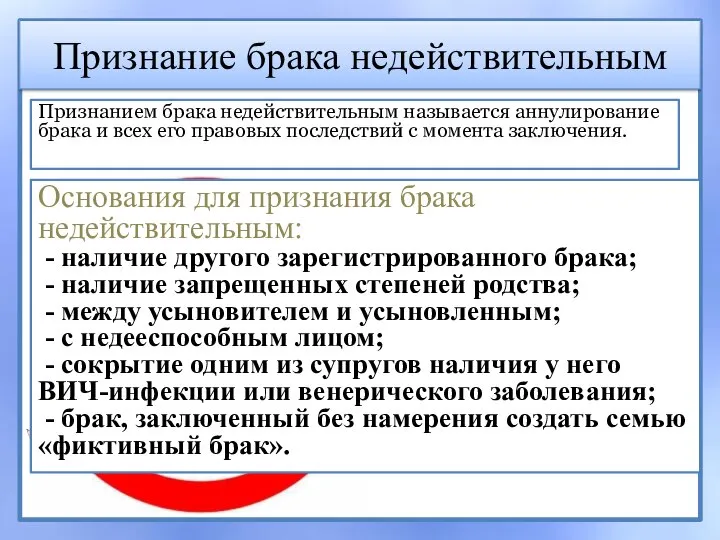 Признание брака недействительным Признанием брака недействительным называется аннулирование брака и всех