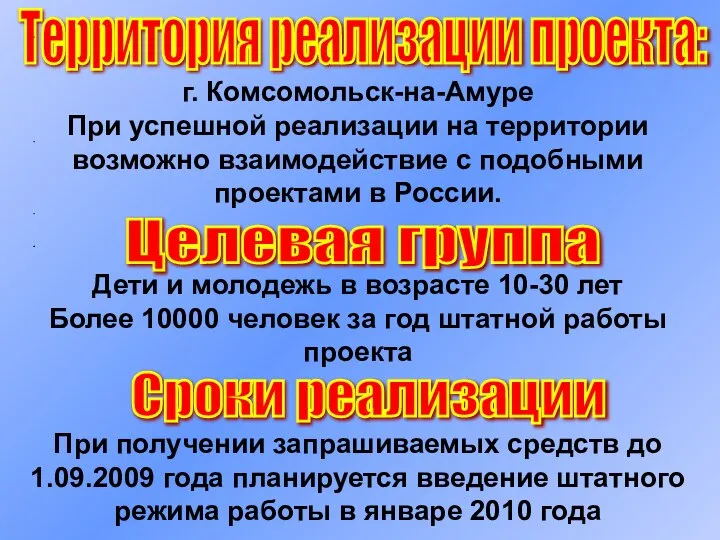 Территория реализации проекта: г. Комсомольск-на-Амуре При успешной реализации на территории возможно