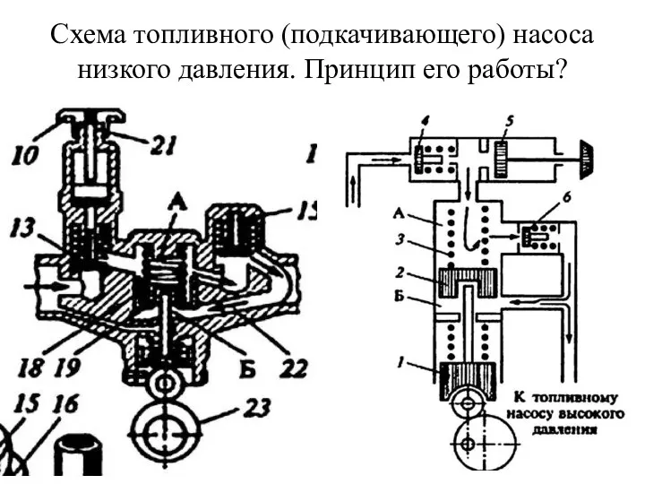 Схема топливного (подкачивающего) насоса низкого давления. Принцип его работы?