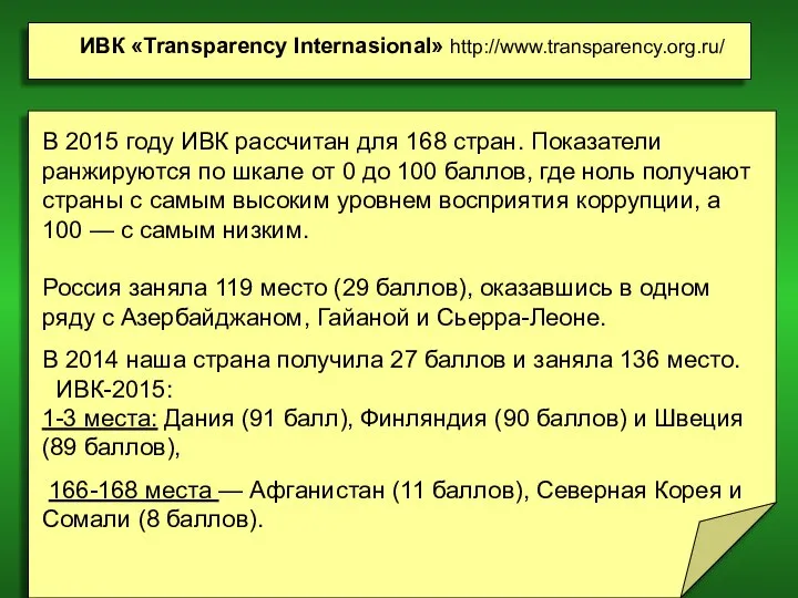 ИВК «Transparency Internasional» http://www.transparency.org.ru/ В 2015 году ИВК рассчитан для 168