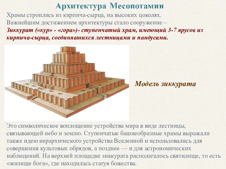 Модель зиккурата Храмы строились из кирпича-сырца, на высоких цоколях. Важнейшим достижением