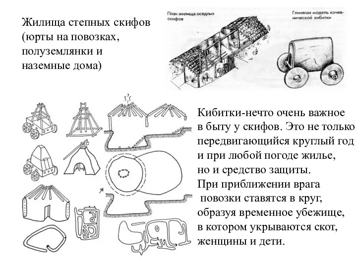 Жилища степных скифов (юрты на повозках, полуземлянки и наземные дома) Кибитки-нечто