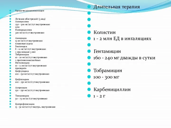 Хроническая колонизация Лечение обострений (3 нед) Азлоциллин 250 - 500 мг/кг/сут