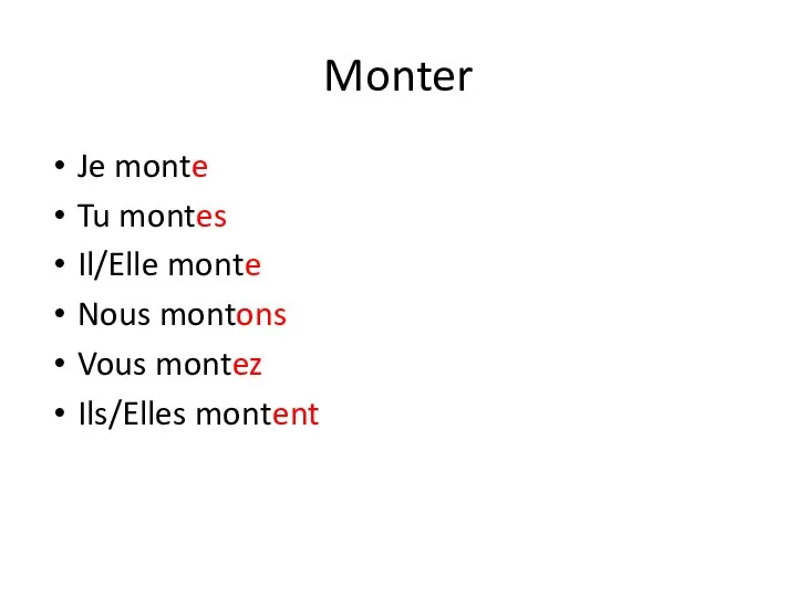 Monter Je monte Tu montes Il/Elle monte Nous montons Vous montez Ils/Elles montent