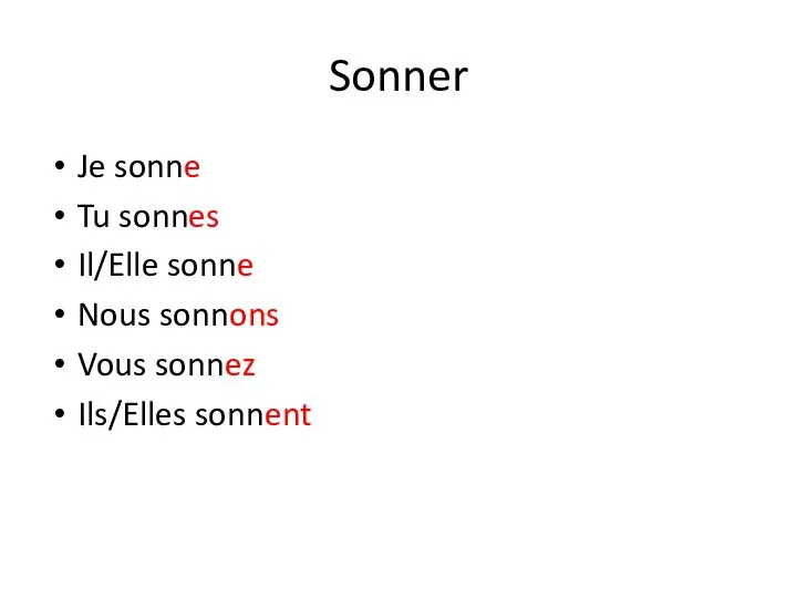 Sonner Je sonne Tu sonnes Il/Elle sonne Nous sonnons Vous sonnez Ils/Elles sonnent