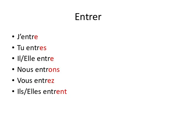 Entrer J’entre Tu entres Il/Elle entre Nous entrons Vous entrez Ils/Elles entrent