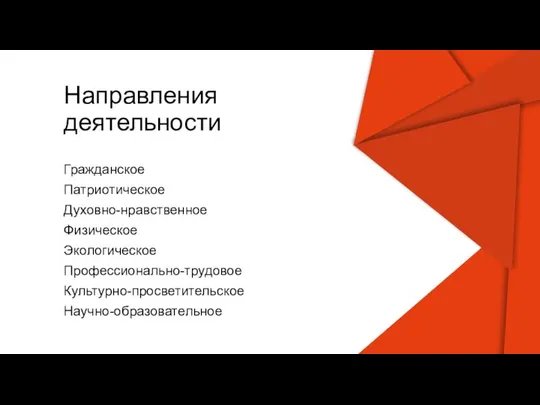 Направления деятельности Гражданское Патриотическое Духовно-нравственное Физическое Экологическое Профессионально-трудовое Культурно-просветительское Научно-образовательное