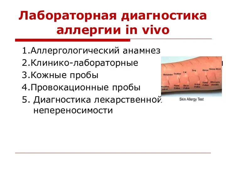 Лабораторная диагностика аллергии in vivo 1.Аллергологический анамнез 2.Клинико-лабораторные анализы 3.Кожные пробы