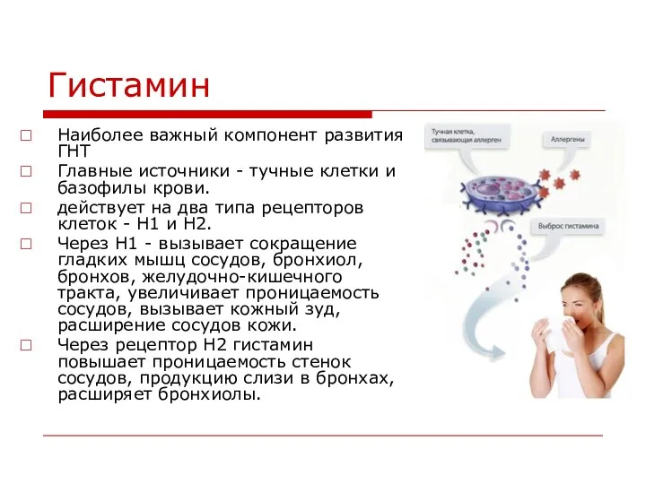 Гистамин Наиболее важный компонент развития ГНТ Главные источники - тучные клетки