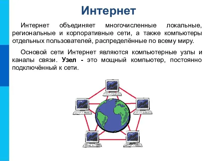 Интернет Интернет объединяет многочисленные локальные, региональные и корпоративные сети, а также