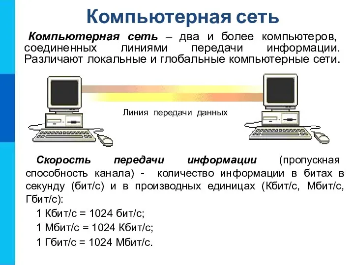 Компьютерная сеть Скорость передачи информации (пропускная способность канала) - количество информации