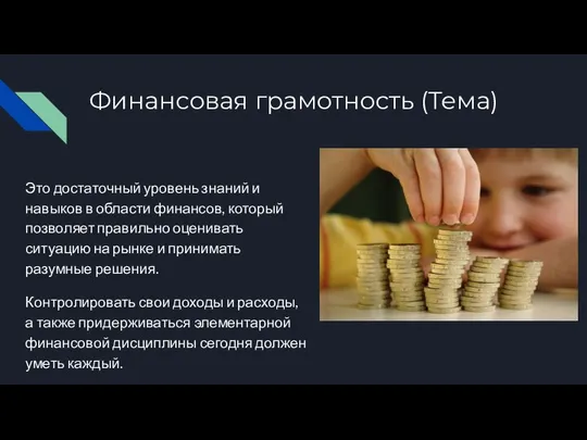 Финансовая грамотность (Тема) Это достаточный уровень знаний и навыков в области