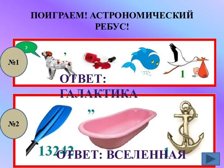 ПОИГРАЕМ! АСТРОНОМИЧЕСКИЙ РЕБУС! №1 №2 ОТВЕТ: ГАЛАКТИКА ОТВЕТ: ВСЕЛЕННАЯ