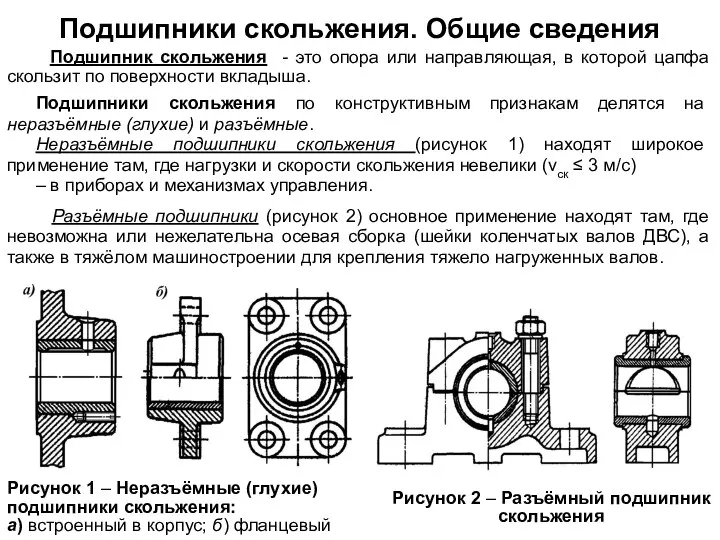 Подшипники скольжения по конструктивным признакам делятся на неразъёмные (глухие) и разъёмные.