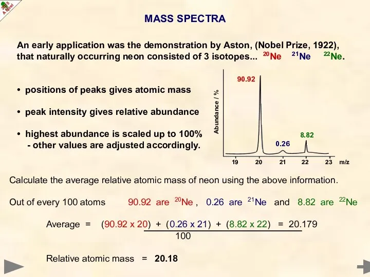 MASS SPECTRA An early application was the demonstration by Aston, (Nobel