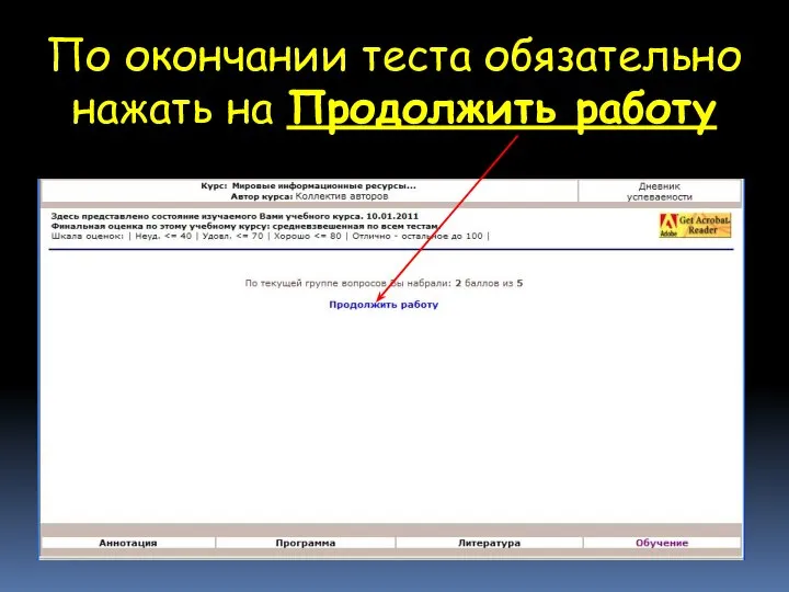 По окончании теста обязательно нажать на Продолжить работу