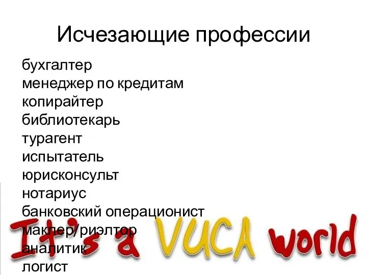 Исчезающие профессии бухгалтер менеджер по кредитам копирайтер библиотекарь турагент испытатель юрисконсульт