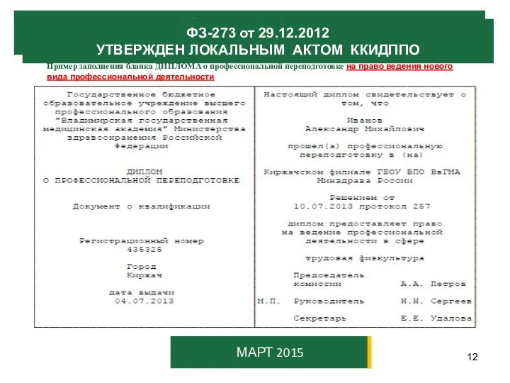 ФЗ-273 от 29.12.2012 ЛОКАЛЬНЫЕ АКТЫ ККИДППО МАРТ 2015 Пример заполнения бланка