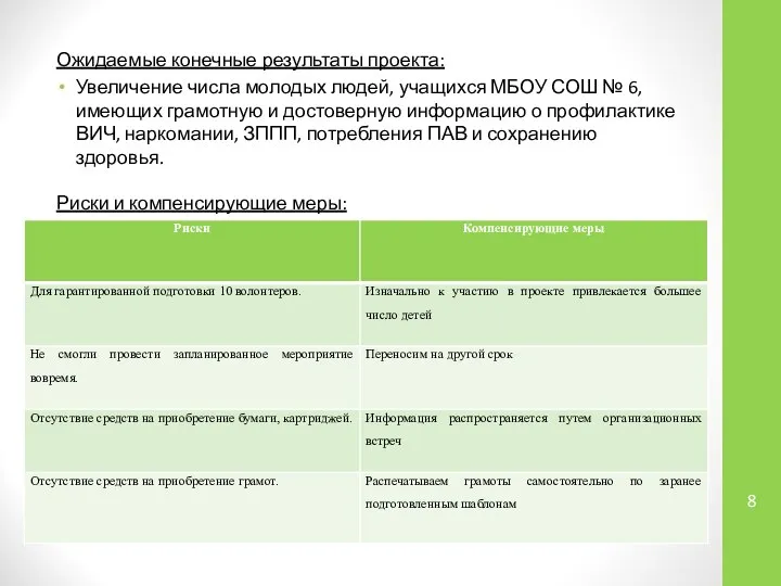 Ожидаемые конечные результаты проекта: Увеличение числа молодых людей, учащихся МБОУ СОШ