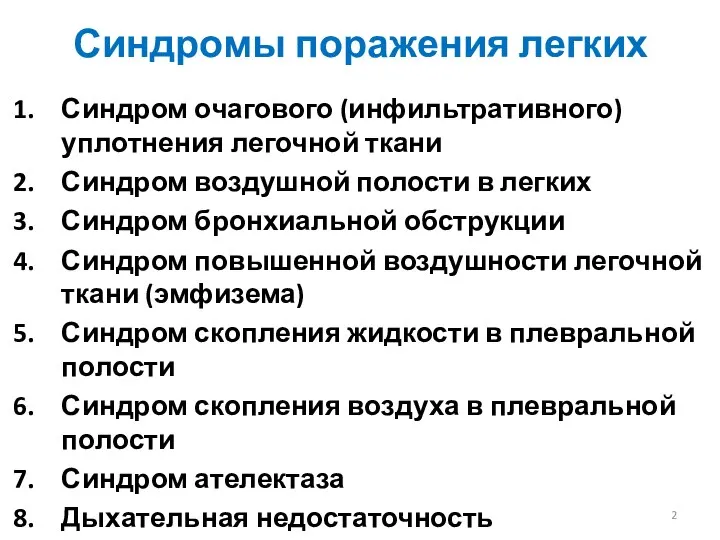 Синдромы поражения легких Синдром очагового (инфильтративного) уплотнения легочной ткани Синдром воздушной