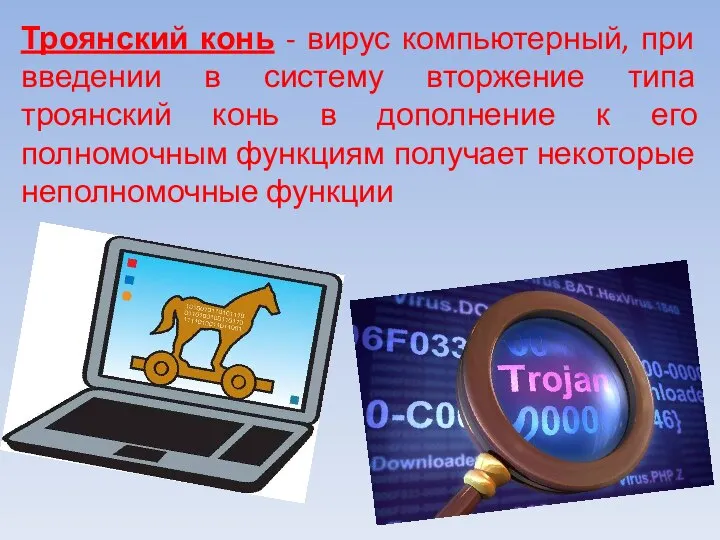 Троянский конь - вирус компьютерный, при введении в систему вторжение типа