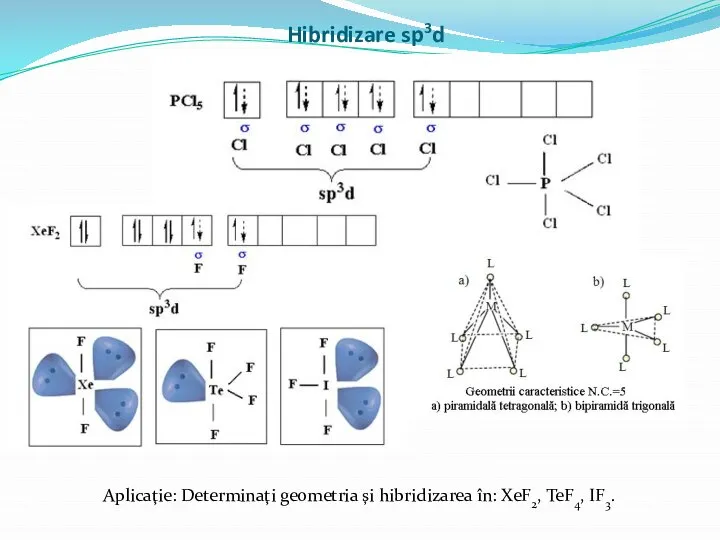 Hibridizare sp3d Aplicaţie: Determinaţi geometria şi hibridizarea în: XeF2, TeF4, IF3.