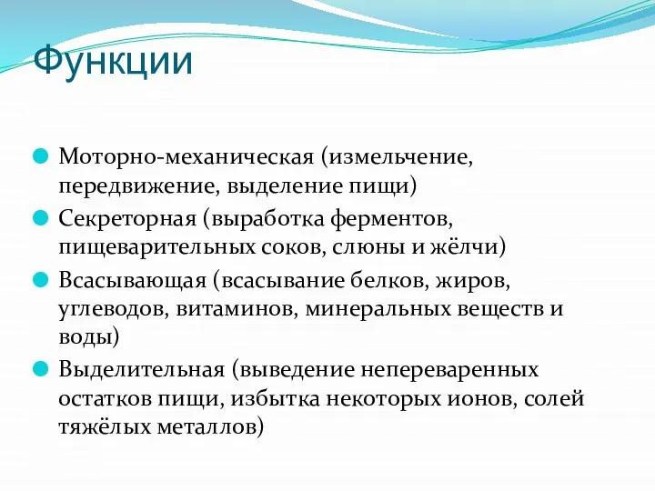 Функции Моторно-механическая (измельчение, передвижение, выделение пищи) Секреторная (выработка ферментов, пищеварительных соков,