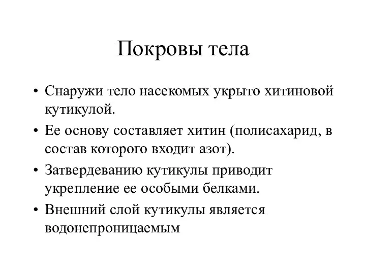 Покровы тела Снаружи тело насекомых укрыто хитиновой кутикулой. Ее основу составляет