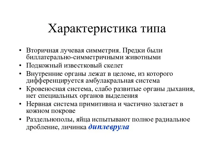 Характеристика типа Вторичная лучевая симметрия. Предки были биллатерально-симметричными животными Подкожный известковый