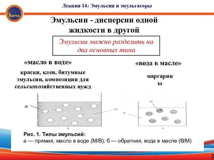 Лекция 14: Эмульсии и эмульгаторы 2 Эмульсии - дисперсии одной жидкости