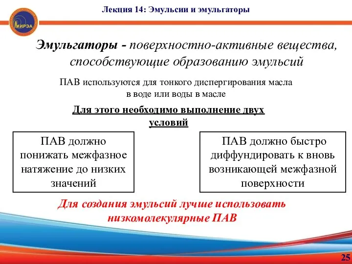25 Лекция 14: Эмульсии и эмульгаторы Эмульгаторы - поверхностно-активные вещества, способствующие