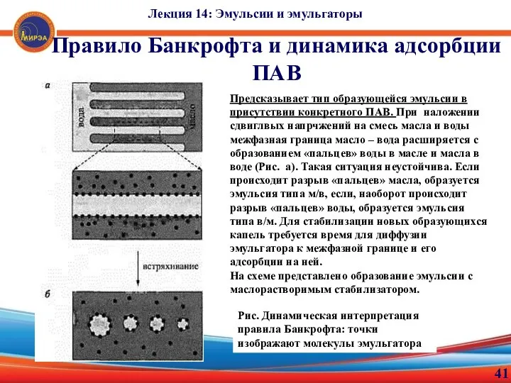 41 Правило Банкрофта и динамика адсорбции ПАВ Лекция 14: Эмульсии и