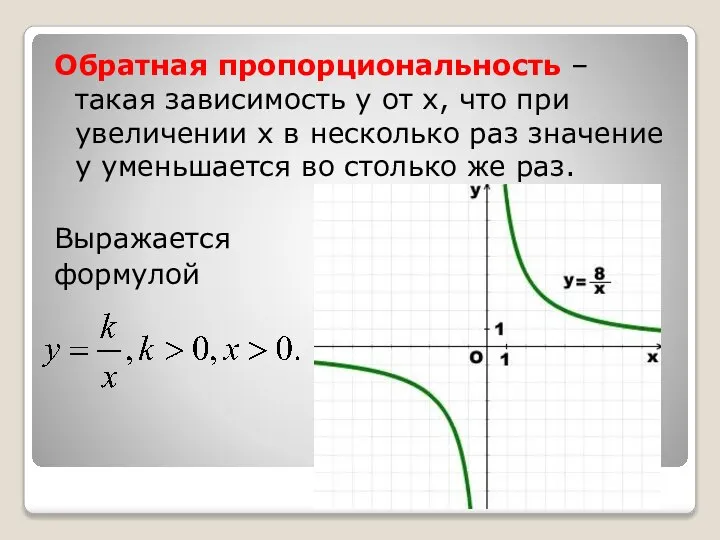 Обратная пропорциональность – такая зависимость y от x, что при увеличении