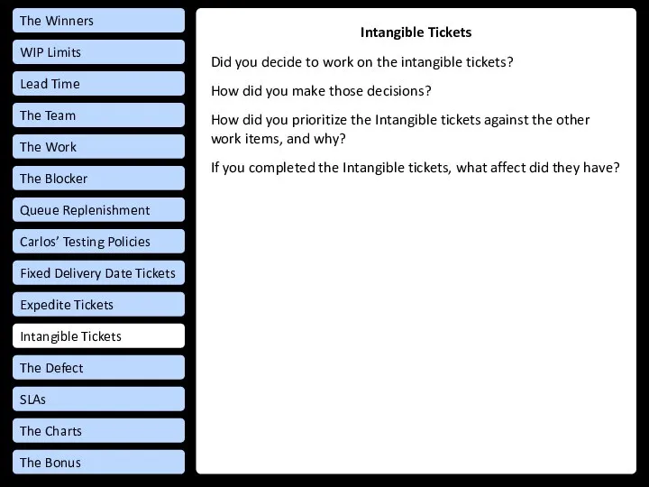 Intangible Tickets Did you decide to work on the intangible tickets?