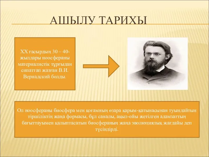 АШЫЛУ ТАРИХЫ XX ғасырдың 30 – 40-жылдары ноосфераны материалистік тұрғыдан сипаттап