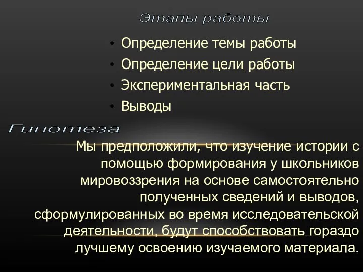 Определение темы работы Определение цели работы Экспериментальная часть Выводы Этапы работы