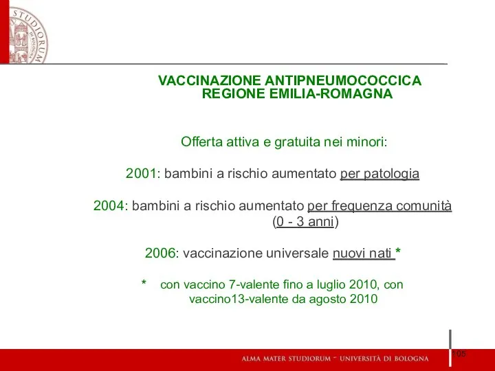 VACCINAZIONE ANTIPNEUMOCOCCICA REGIONE EMILIA-ROMAGNA Offerta attiva e gratuita nei minori: 2001: