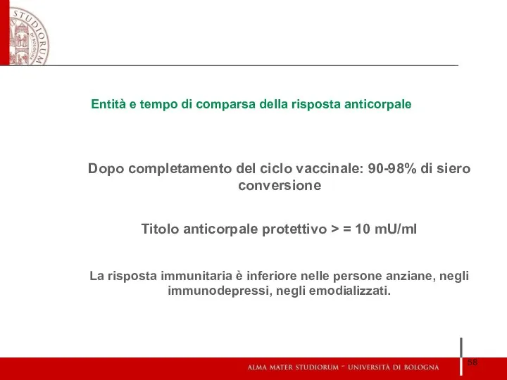 Entità e tempo di comparsa della risposta anticorpale Dopo completamento del