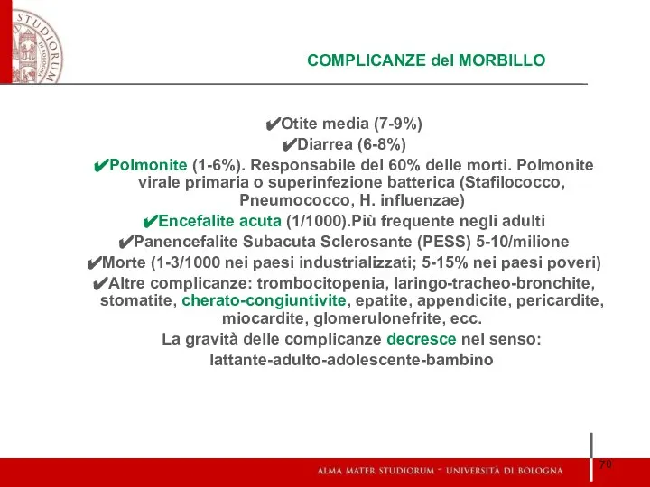 COMPLICANZE del MORBILLO Otite media (7-9%) Diarrea (6-8%) Polmonite (1-6%). Responsabile