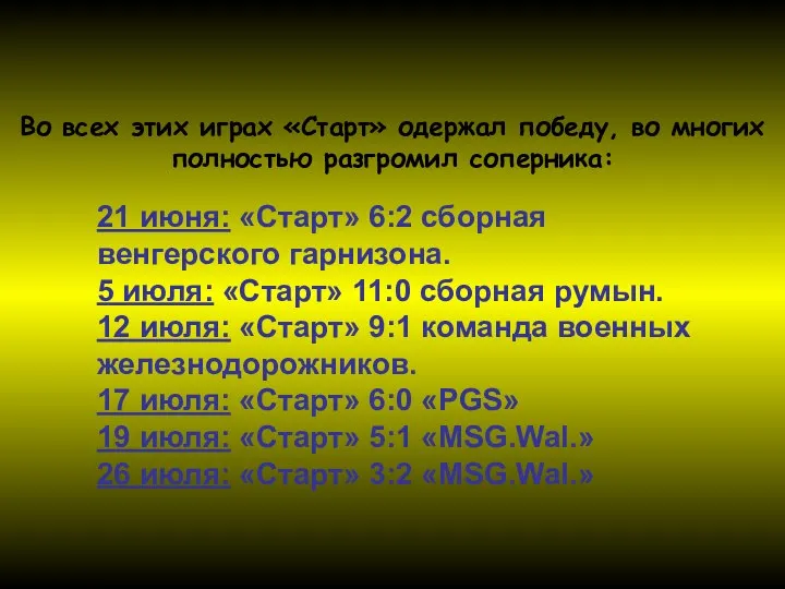 21 июня: «Старт» 6:2 сборная венгерского гарнизона. 5 июля: «Старт» 11:0