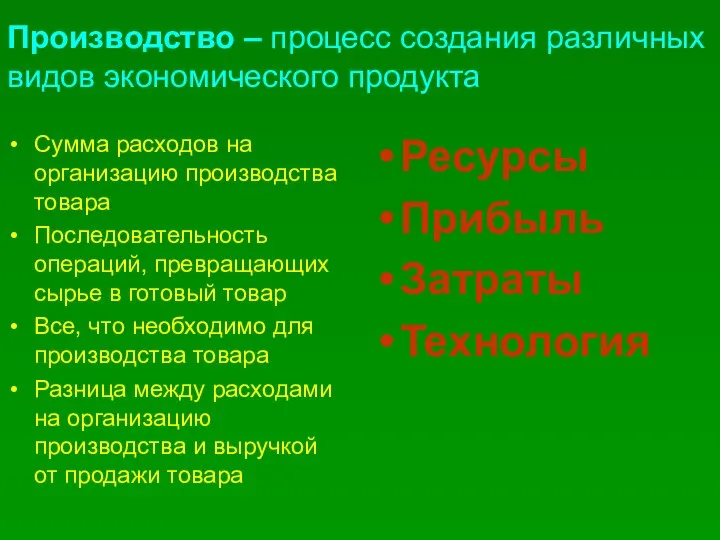 Производство – процесс создания различных видов экономического продукта Сумма расходов на