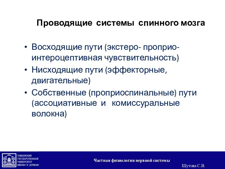 Проводящие системы спинного мозга Восходящие пути (экстеро- проприо-интероцептивная чувствительность) Нисходящие пути