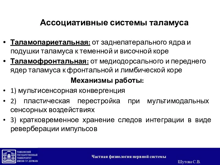 Ассоциативные системы таламуса Таламопариетальная: от заднелатерального ядра и подушки таламуса к