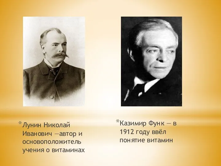 Лунин Николай Иванович —автор и основоположитель учения о витаминах Казимир Функ