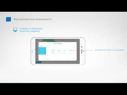 4 встроенных сюжетных освещения 3 режима отображения - Сюжетная подсветка Функциональные возможности