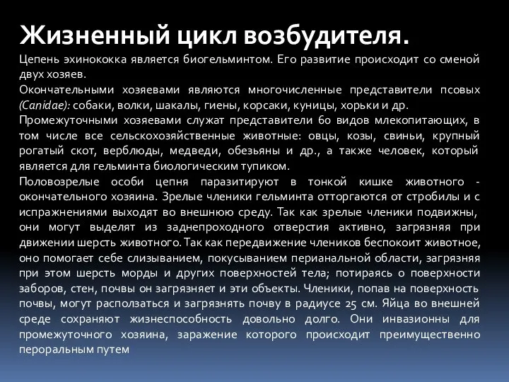 Жизненный цикл возбудителя. Цепень эхинококка является биогельминтом. Его развитие происходит со