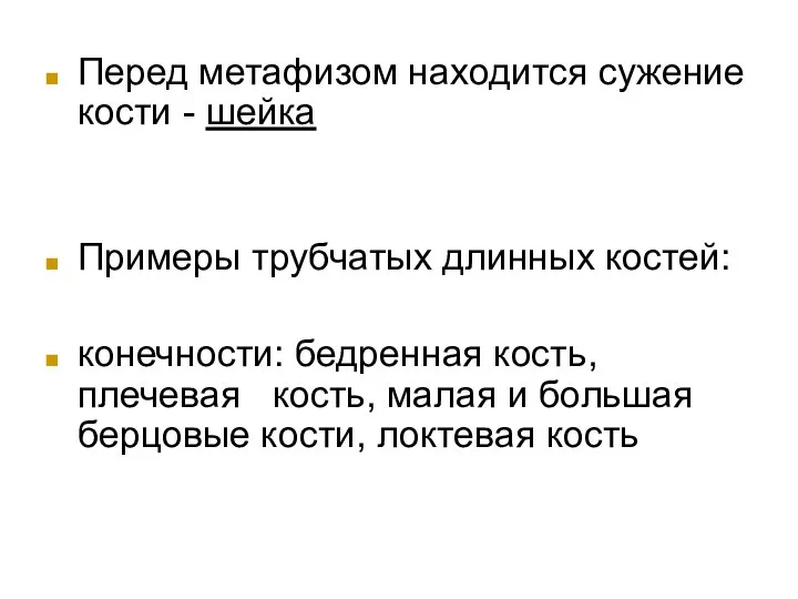 Перед метафизом находится сужение кости - шейка Примеры трубчатых длинных костей: